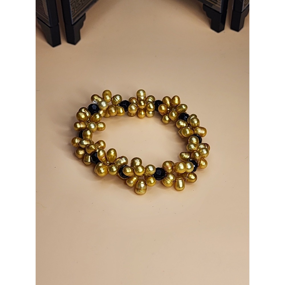 Vtg Genuine Pearl Bracelet Gold Cluster 7mm Faceted Black Onyx Beads Stretchy‎